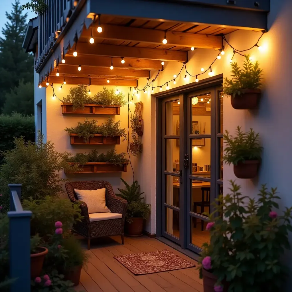 a photo of a vibrant balcony with creative wall-mounted storage and fairy lights