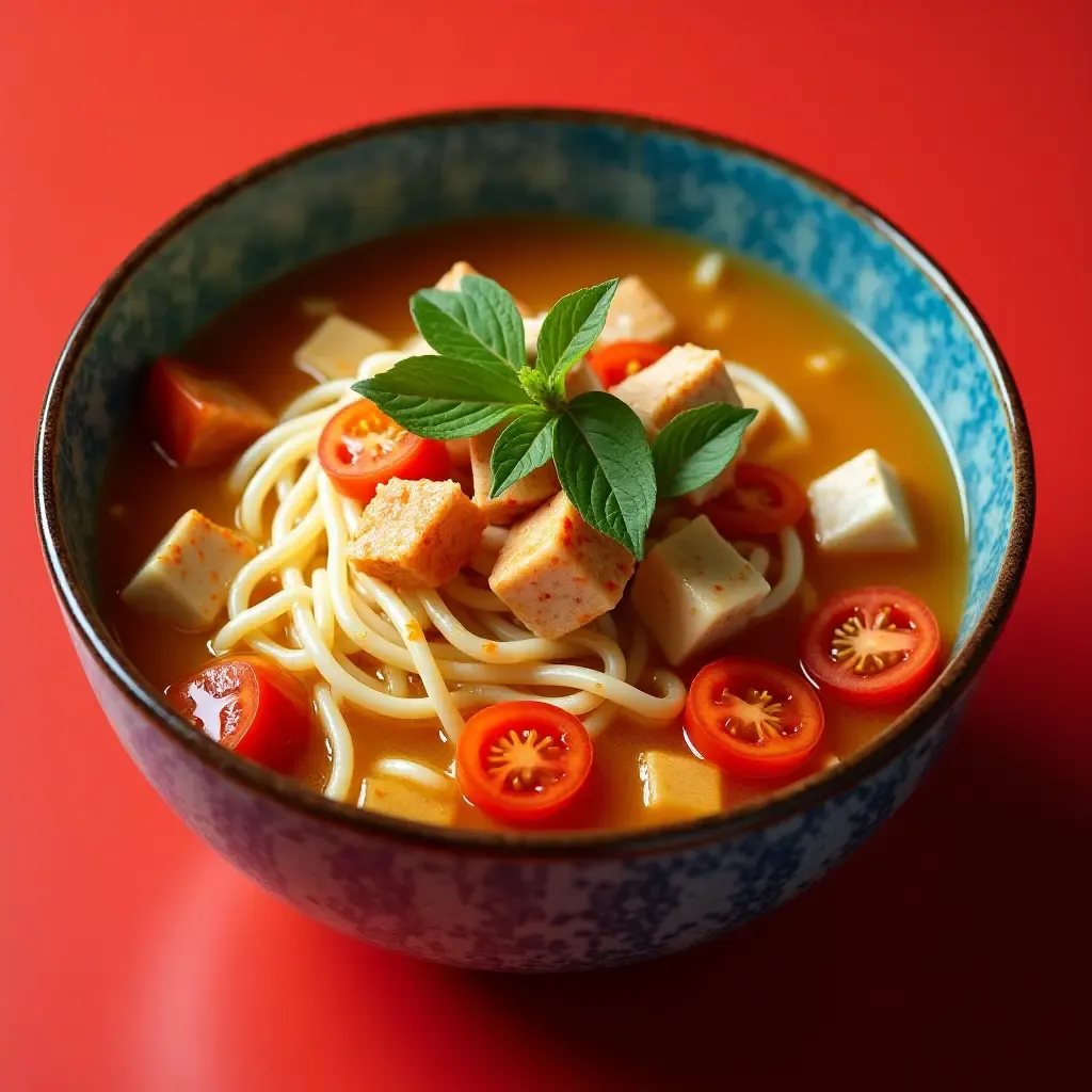 a photo of colorful bun rieu crab noodle soup with tomatoes and tofu