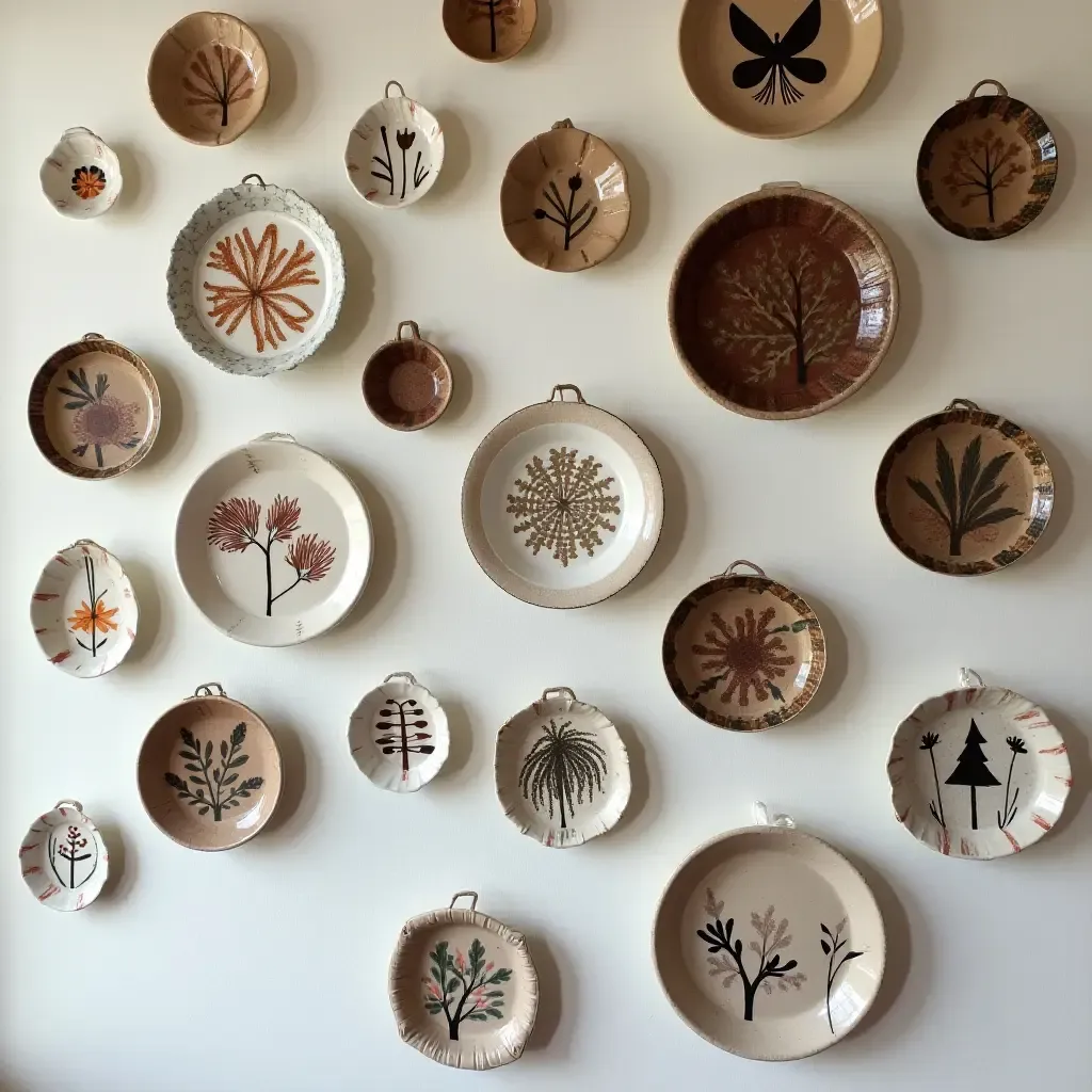 a photo of a wall adorned with handcrafted ceramic plates