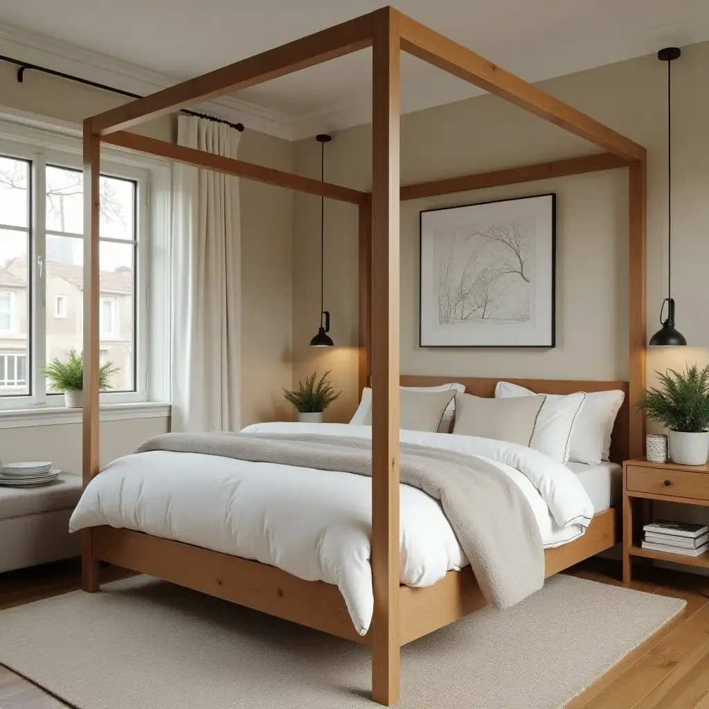 a photo of a bedroom with a wooden canopy bed