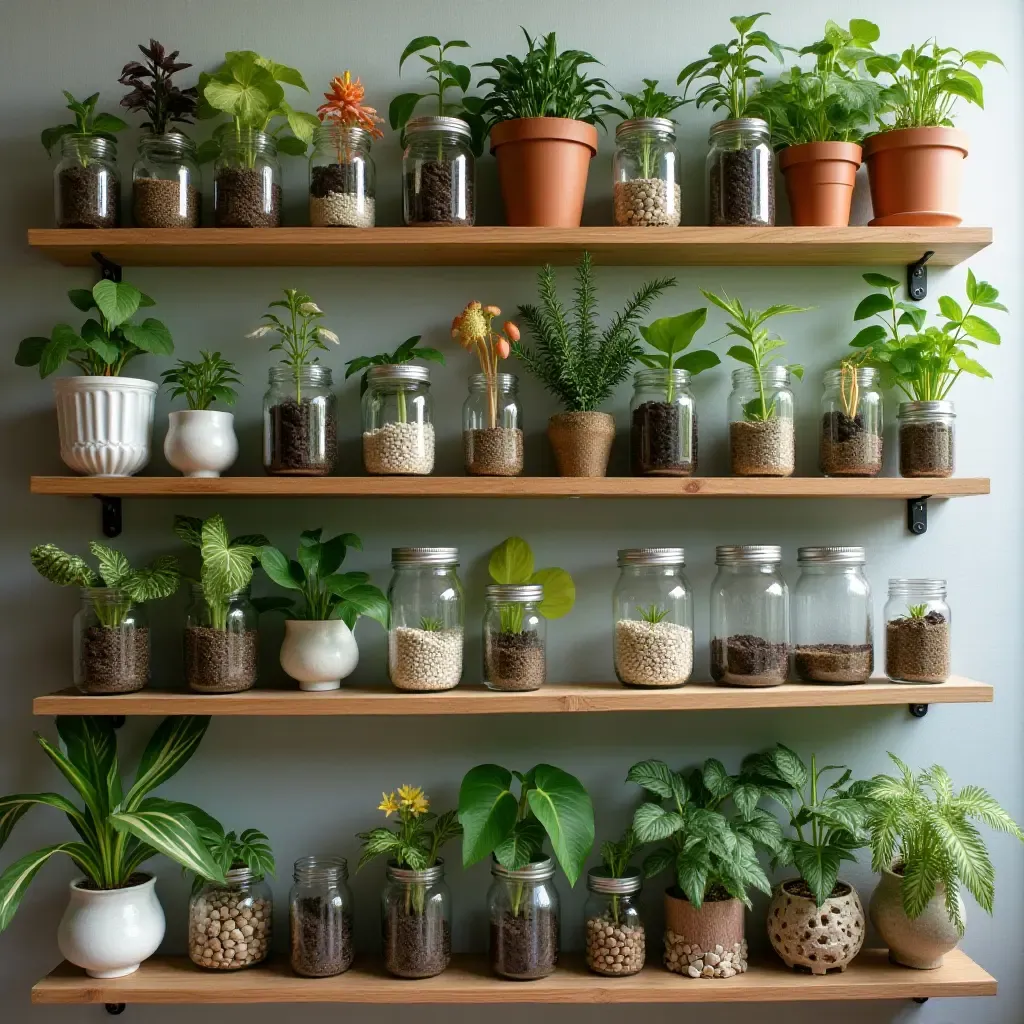 a photo of a wall of plants displayed in mason jars