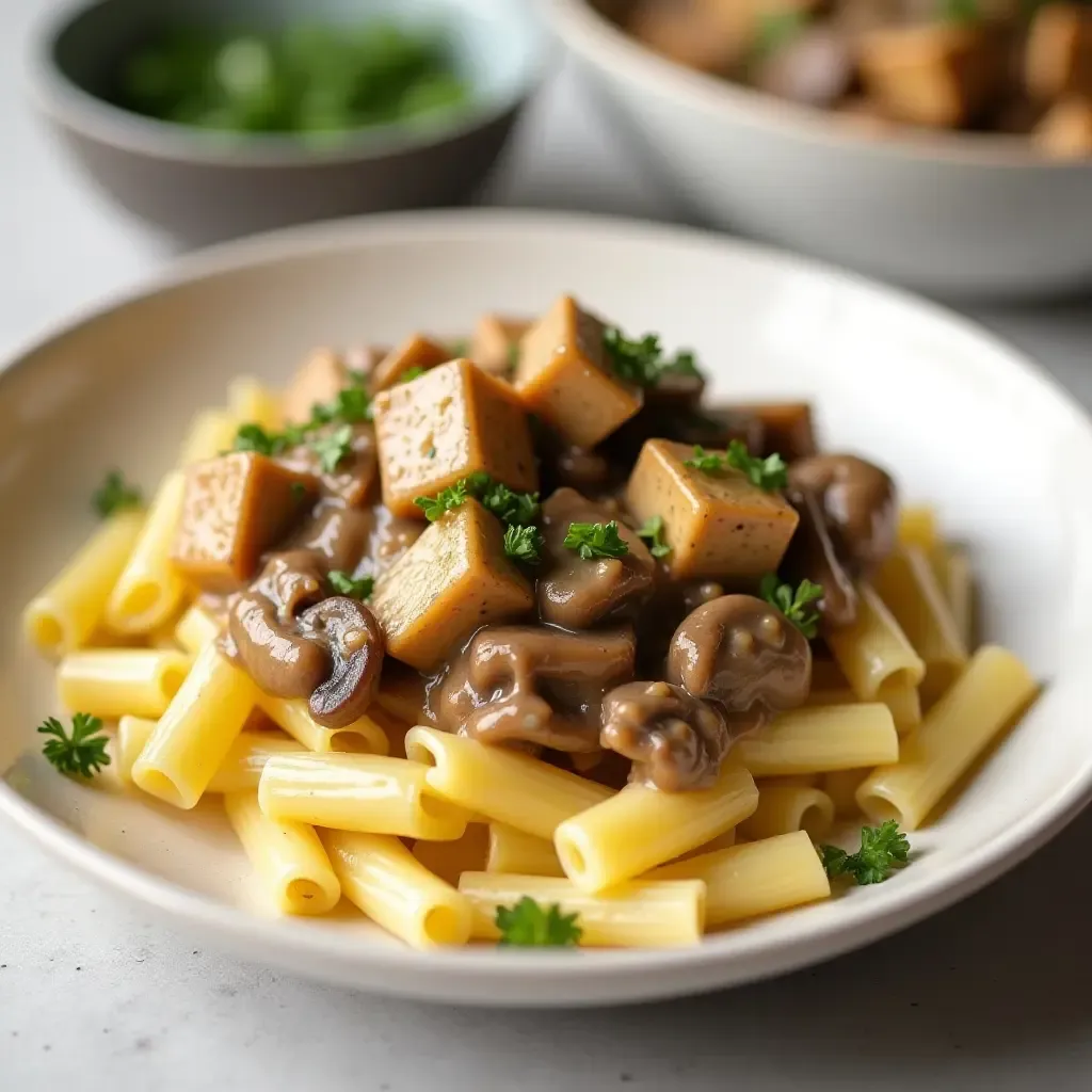 a photo of tofu and mushroom stroganoff served over pasta.