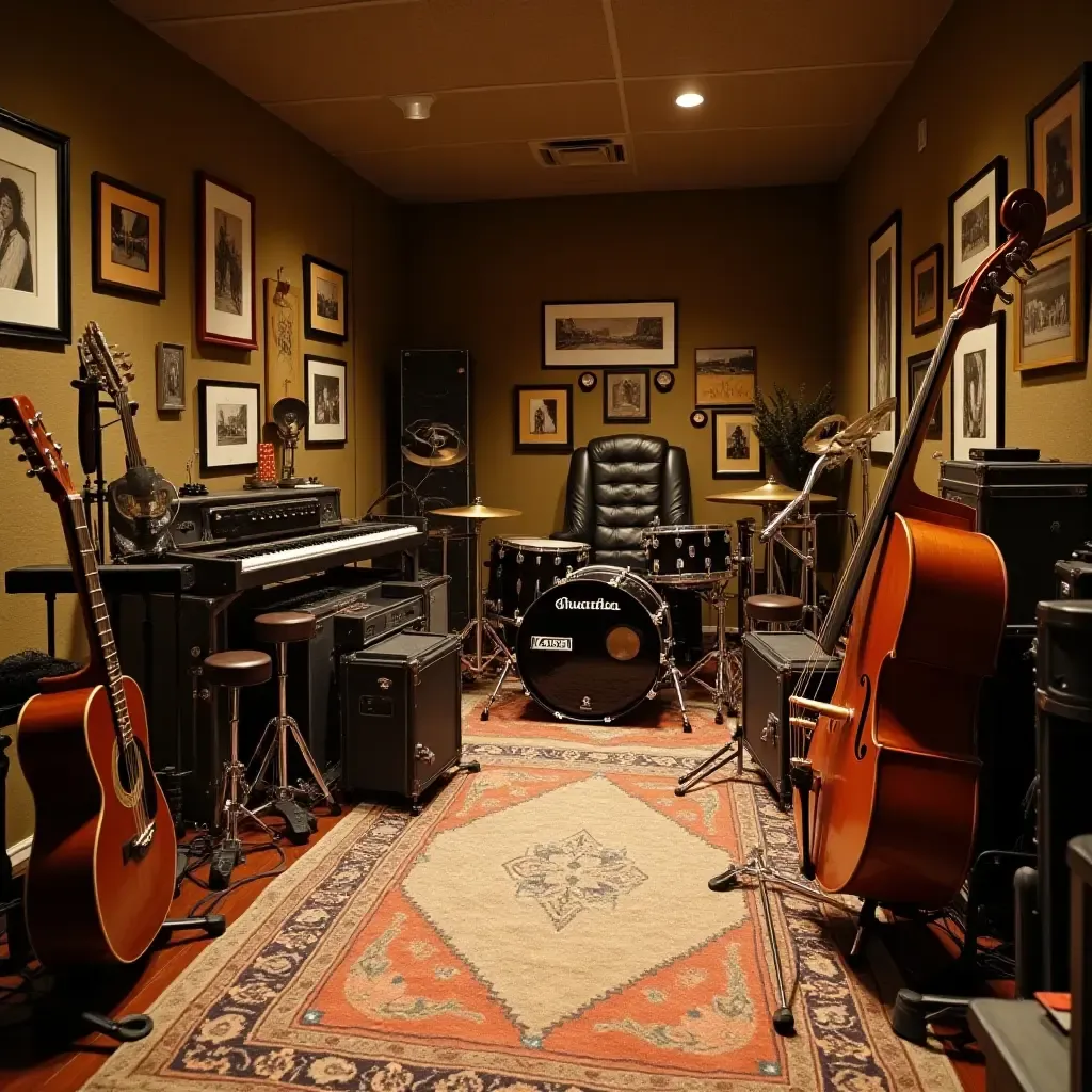 a photo of a basement music room with metallic instruments