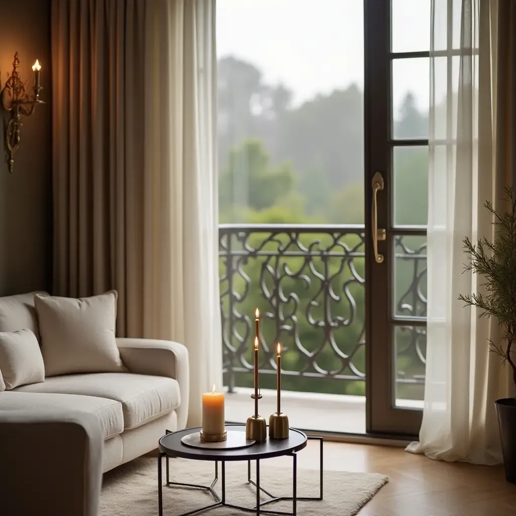 a photo of an elegant balcony with metallic candle holders and soft fabrics