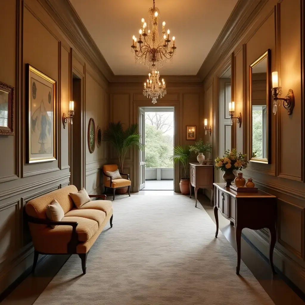 a photo of a glamorous corridor featuring vintage decor pieces