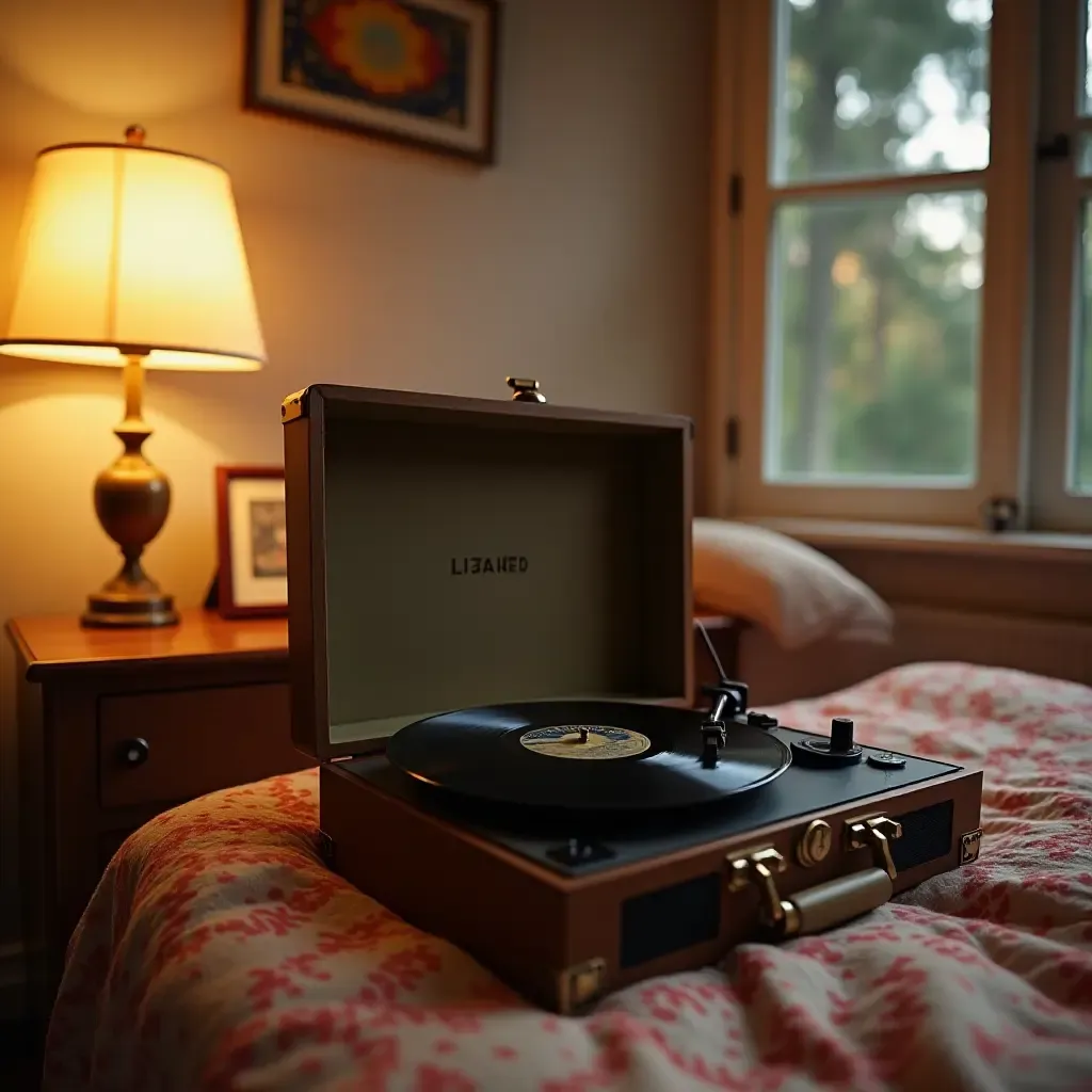 a photo of a vintage record player in a cozy teen bedroom