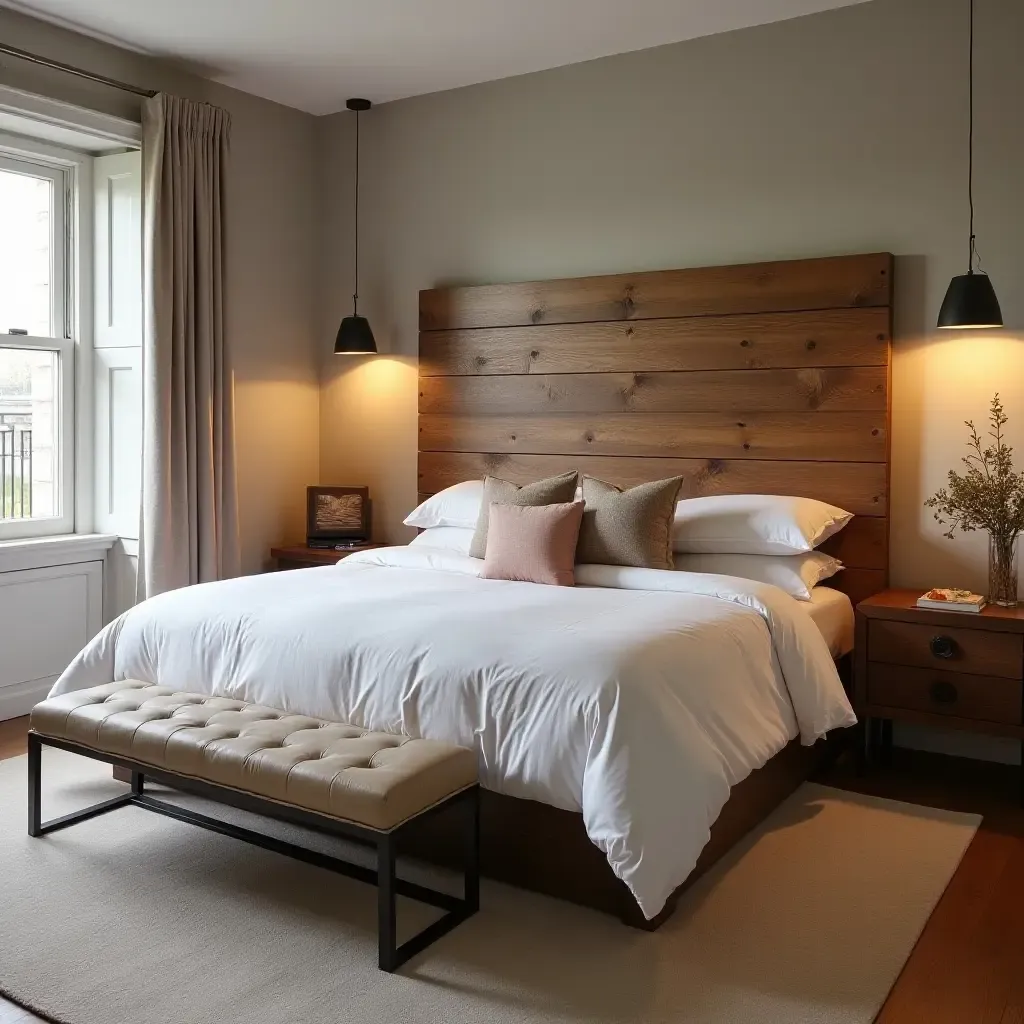 a photo of a rugged wooden headboard in a stylish room