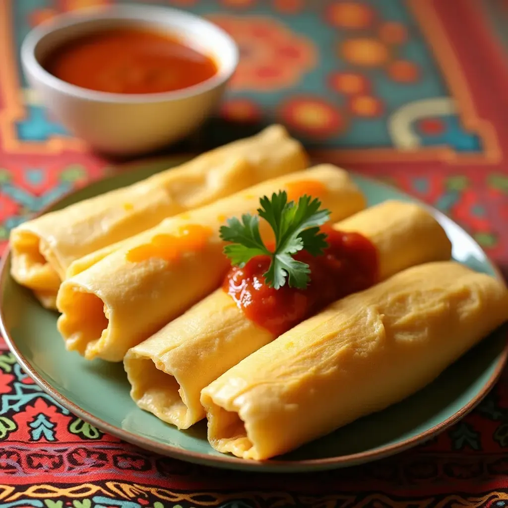 a photo of fluffy tamales with spicy salsa and cilantro garnish on a vibrant tablecloth.