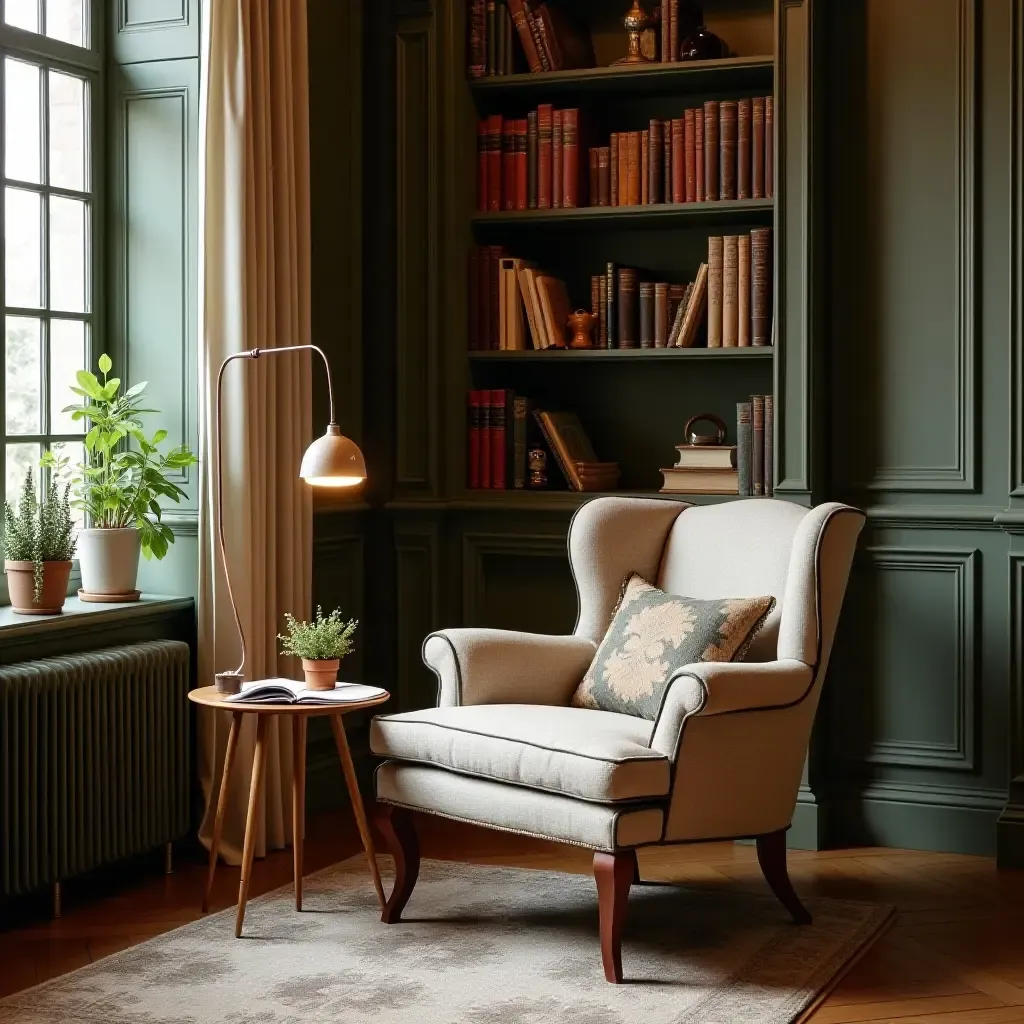 a photo of a cozy reading nook with a vintage armchair and a small bookshelf