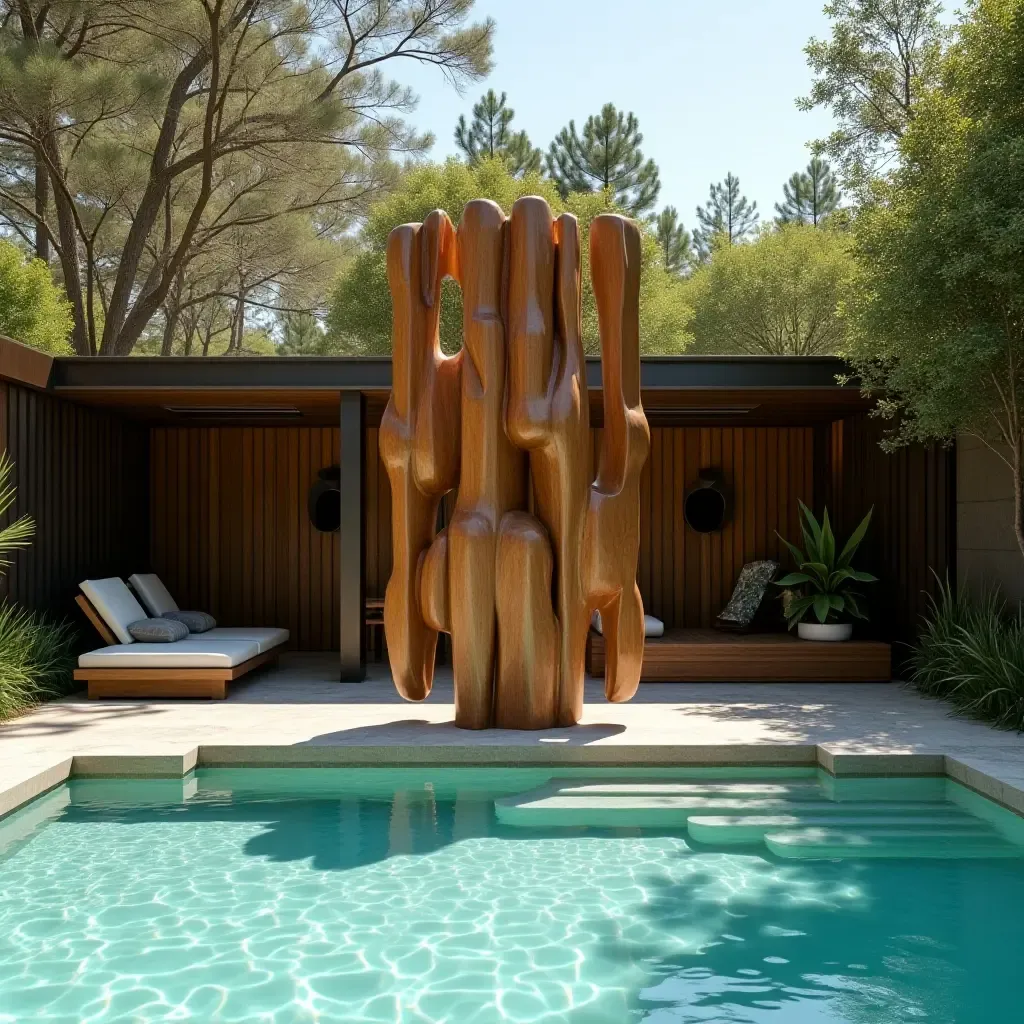 a photo of a wooden sculpture as a focal point near the pool