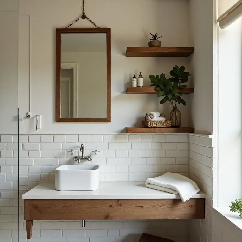 a photo of a vintage bathroom with a rustic mirror and wooden shelves