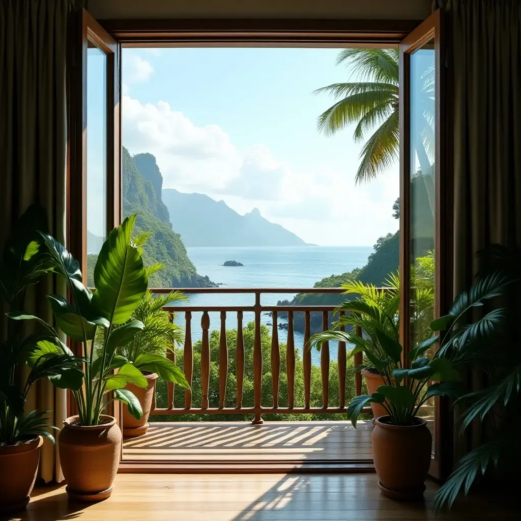 a photo of a balcony with a beautiful view, adorned with tropical plants