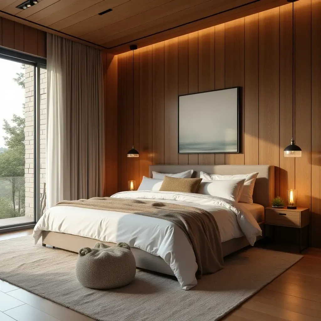 a photo of a warm bedroom with wooden accents and layered textures