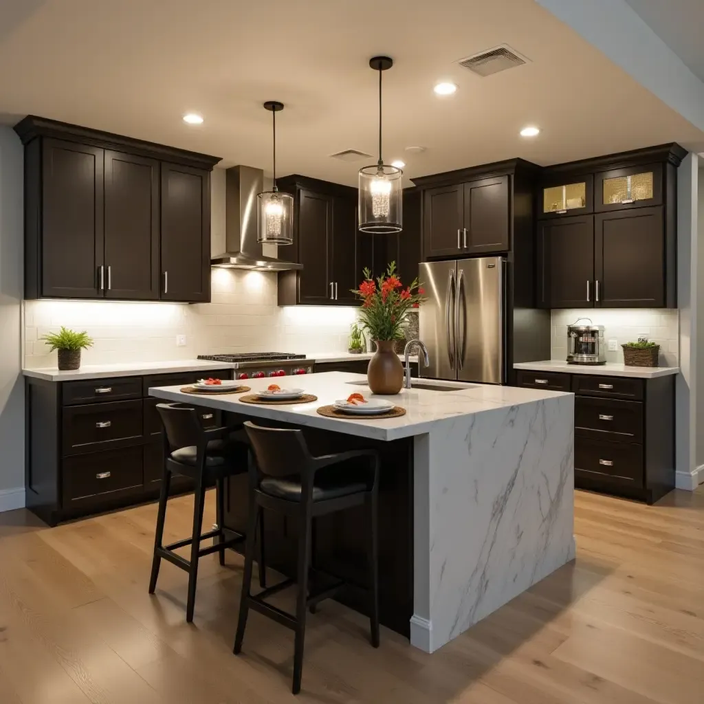 a photo of a basement kitchen with stylish appliances and a breakfast bar