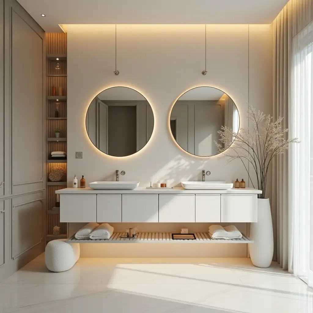 a photo of a bathroom with a mirrored accent wall and soft lighting