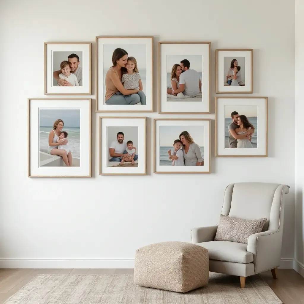 a photo of a gallery wall showcasing family photos in artistic frames