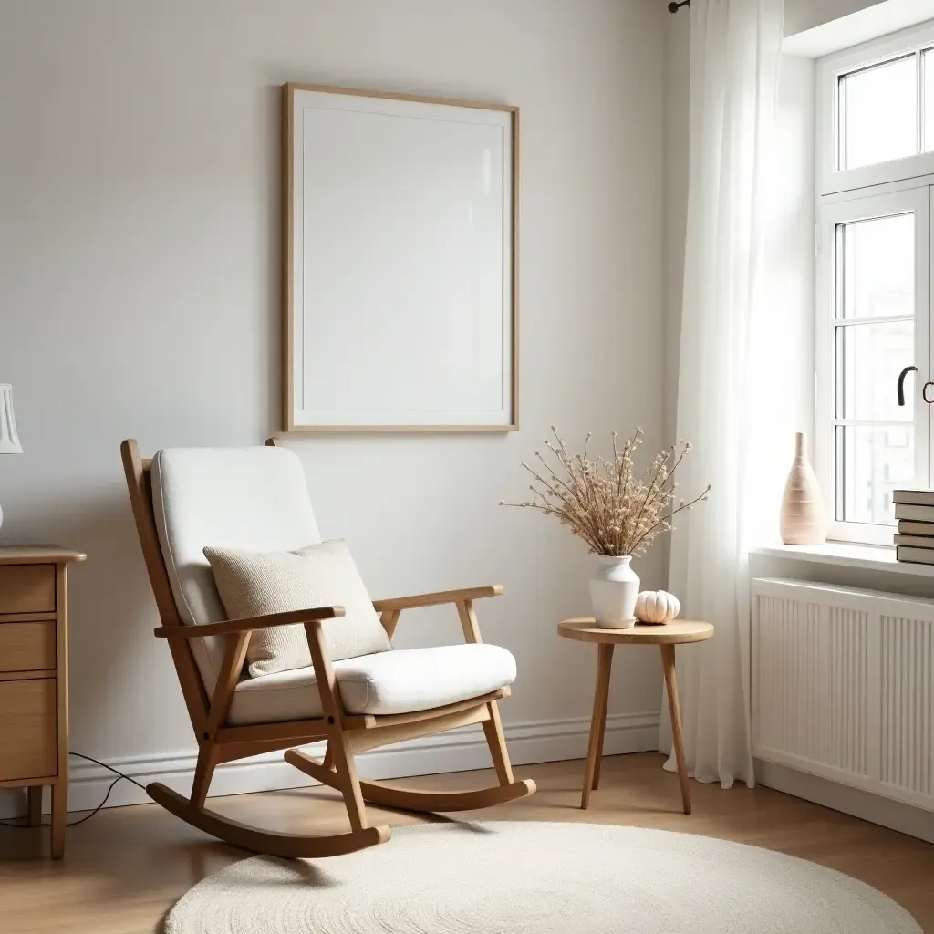 a photo of a serene nook with a rocking chair and soft decor