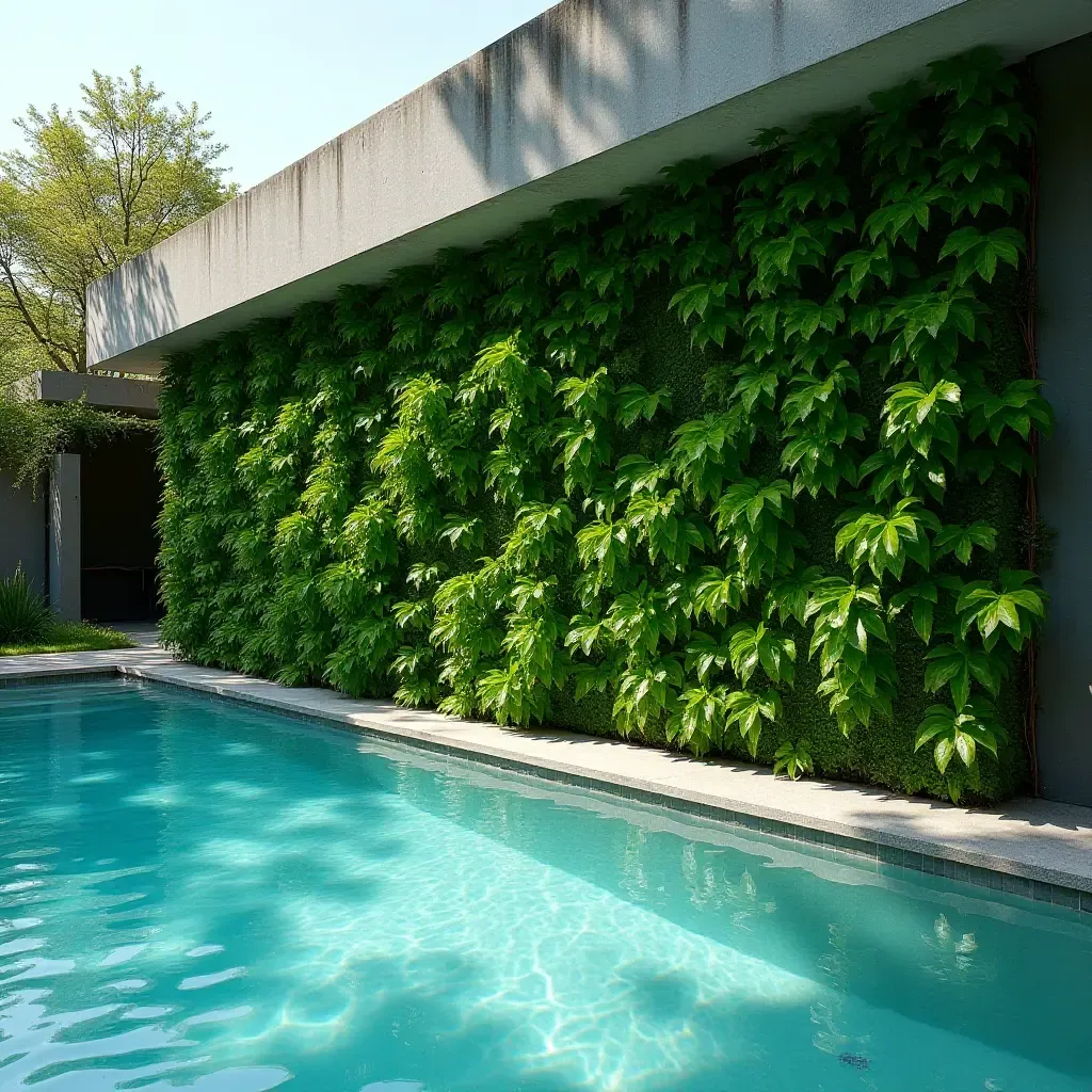 a photo of vertical garden wall beside a sparkling pool