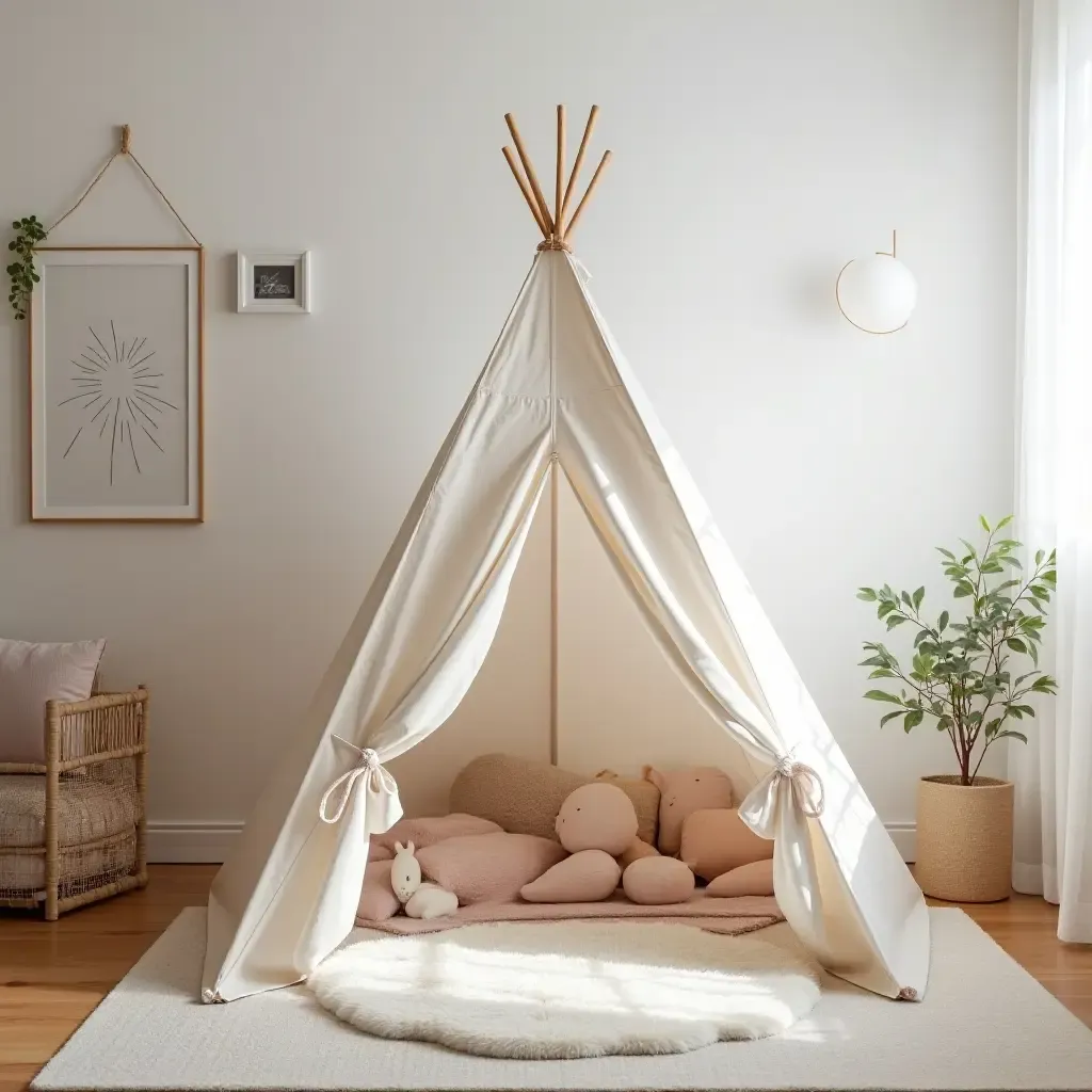 a photo of a nursery with a cozy tent for imaginative play