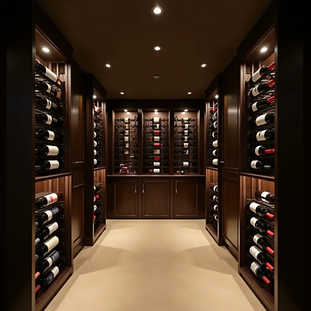 a photo of a glamorous basement wine cellar with elegant racks and soft lighting