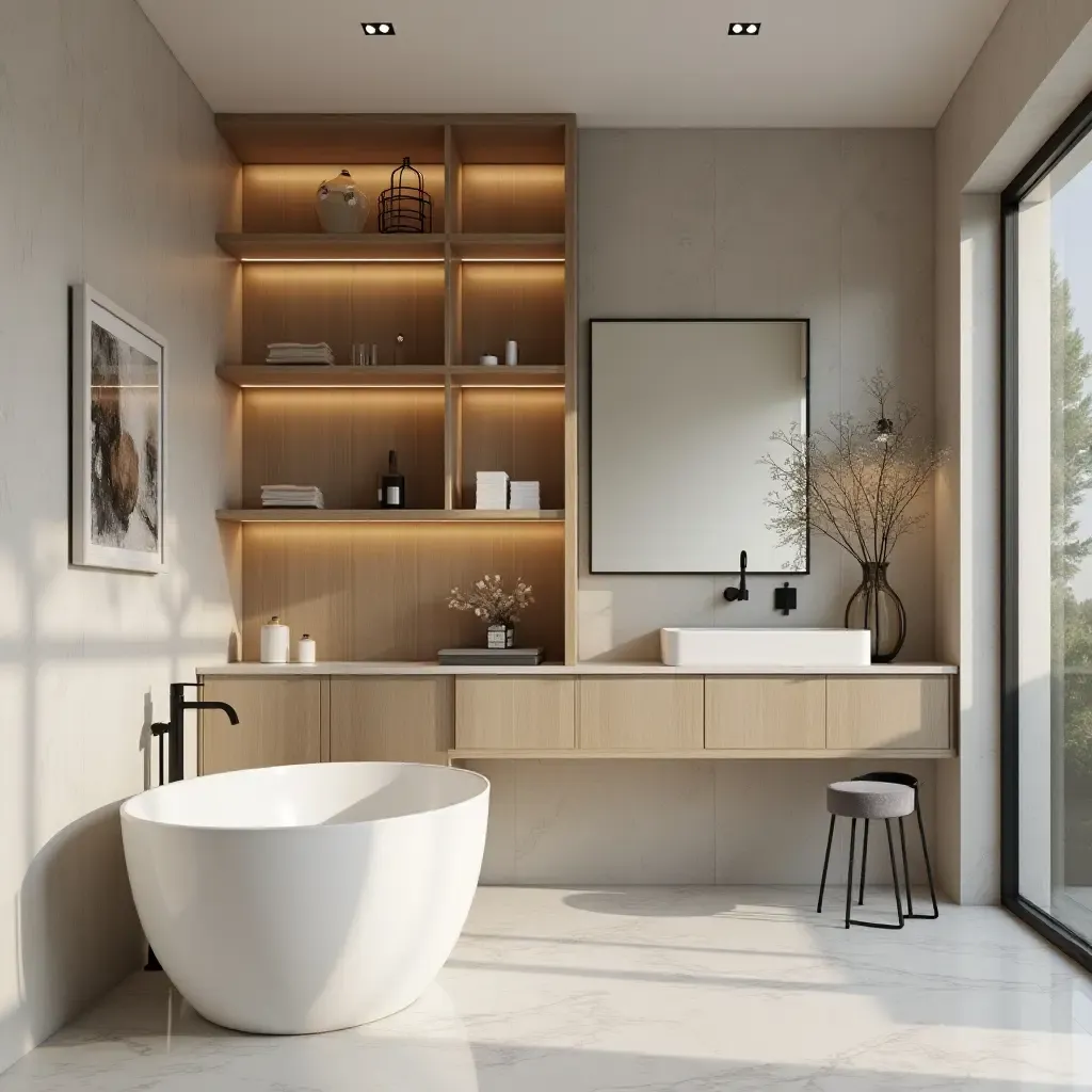 a photo of a bathroom with a modern, open shelving concept