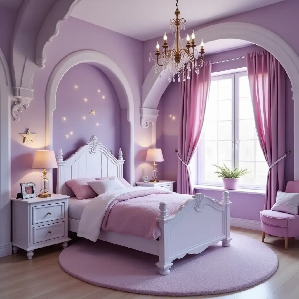 a photo of a whimsical purple and white fairy-tale bedroom