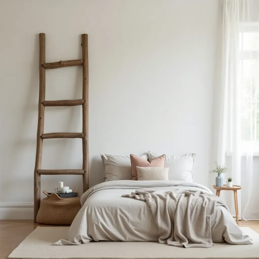 a photo of a rustic wooden ladder used for decor in a bedroom