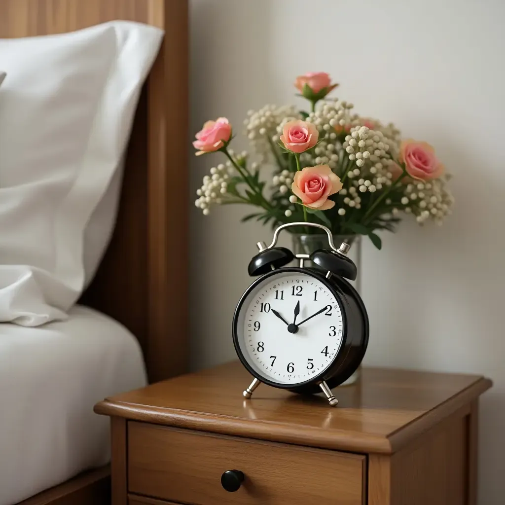 a photo of a bedside table with a vintage clock and flowers