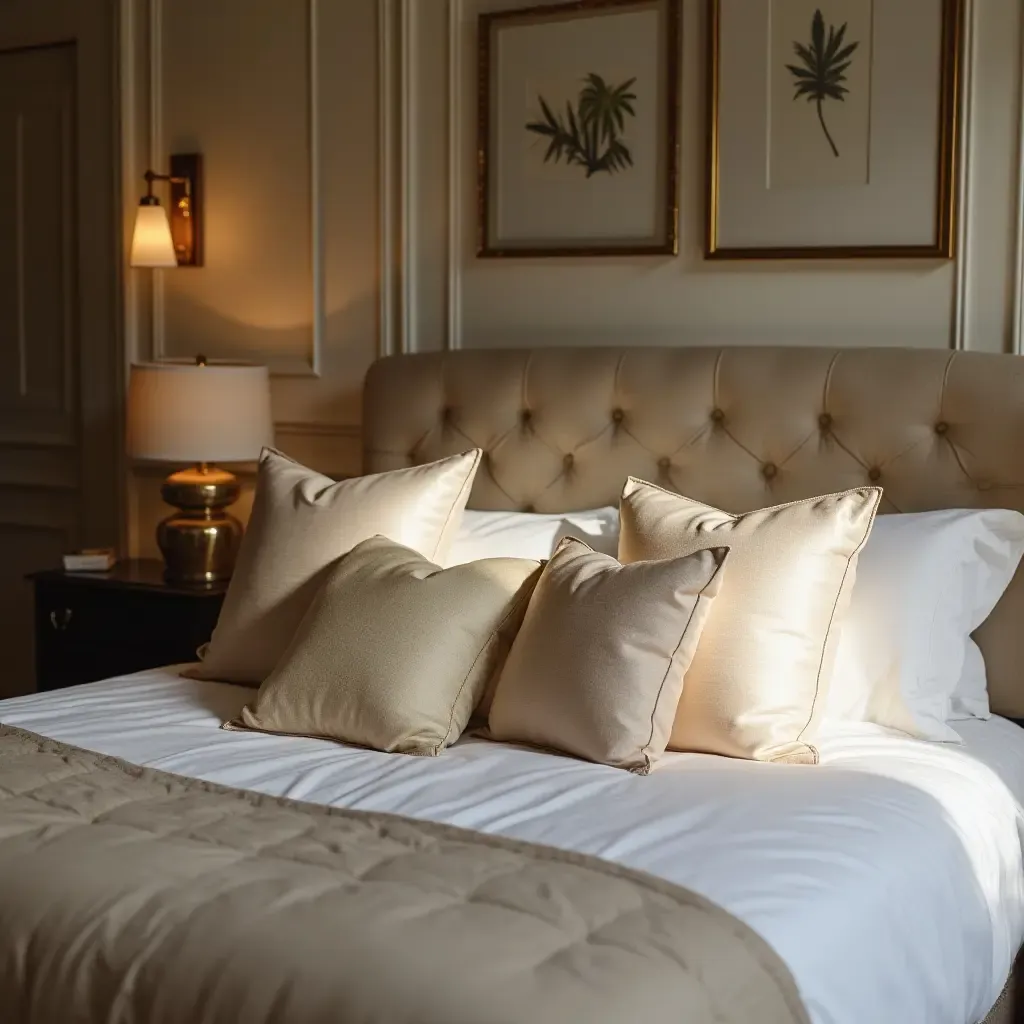 a photo of an elegant bedroom with silk throw pillows