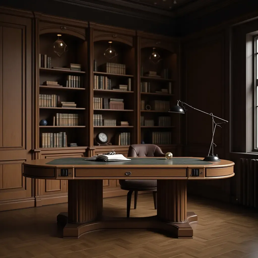 a photo of a library with a wooden desk and metal accents