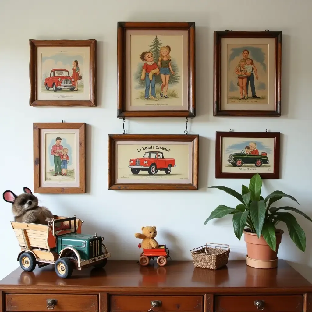 a photo of a vintage toy gallery wall with framed nostalgic items