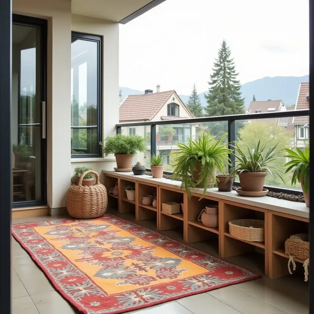 a photo of a balcony with a colorful rug and creative storage ideas