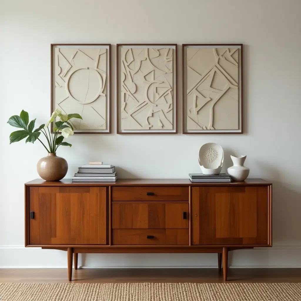 a photo of a living room with a vintage sideboard and decorative plates