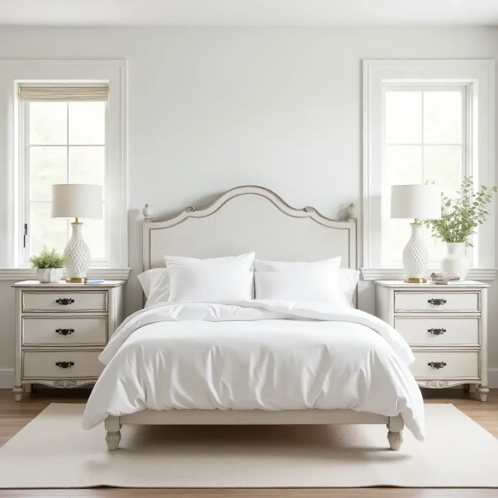 a photo of a bright and airy farmhouse bedroom with whitewashed furniture