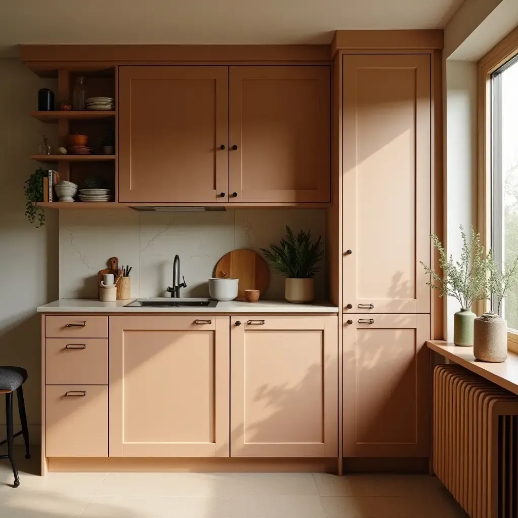 a photo of a cozy kitchen with a warm color palette and wood accents