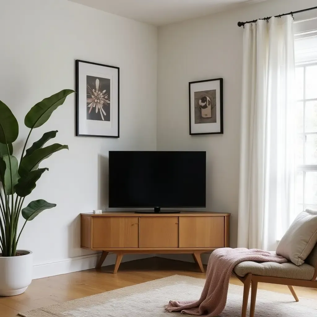 a photo of a corner TV surrounded by framed artwork