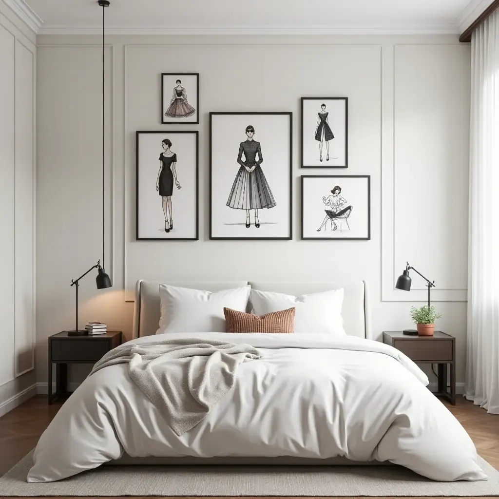 a photo of a chic bedroom with a gallery wall of fashion sketches and prints