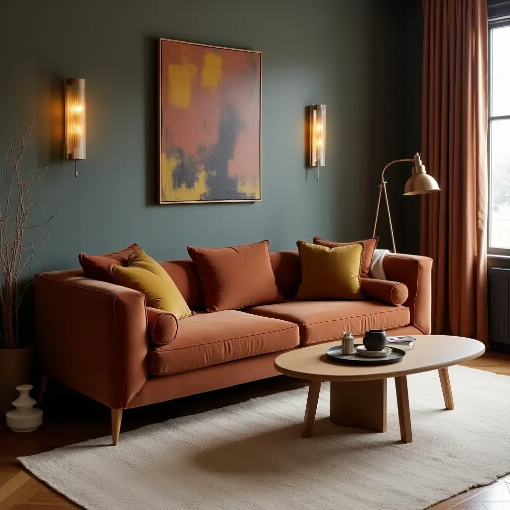 a photo of a velvet sofa paired with wooden coffee table and leather accents