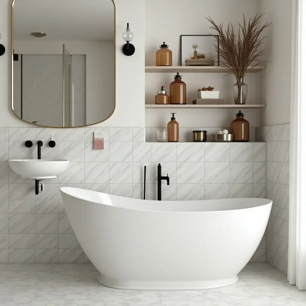 a photo of a chic bathroom with open shelving displaying stylish decor items