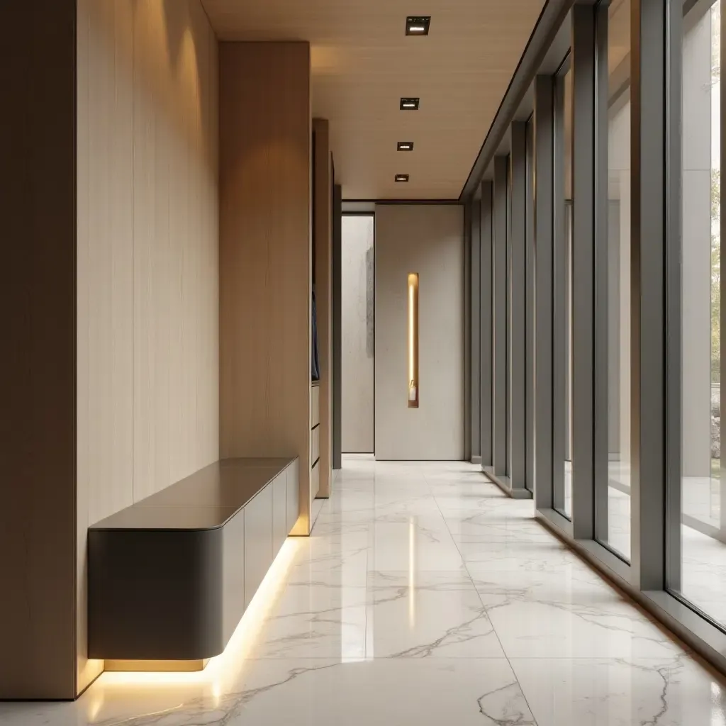 a photo of a sleek bench with a waterfall edge in a contemporary corridor