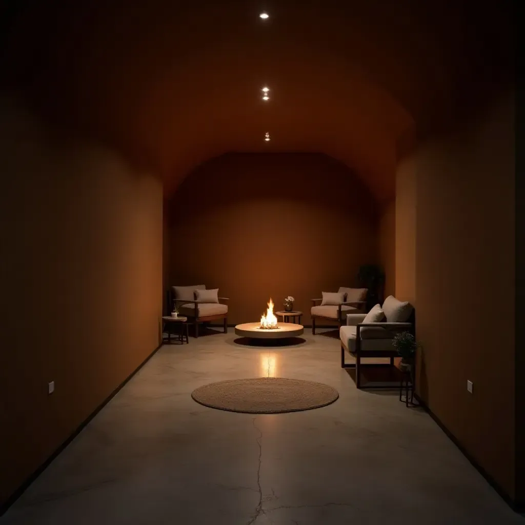 a photo of a warm corridor with a small fire pit and seating