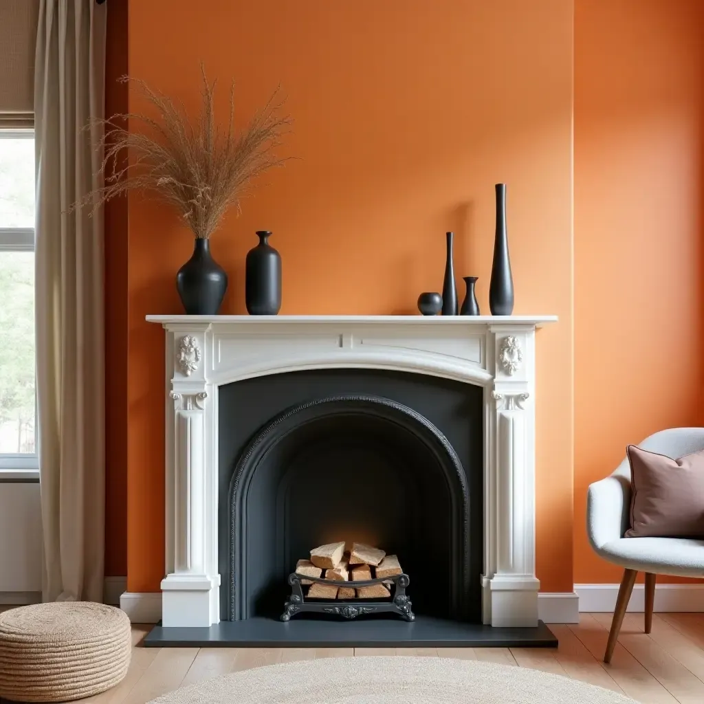 a photo of a bold colored fireplace mantel with modern accessories