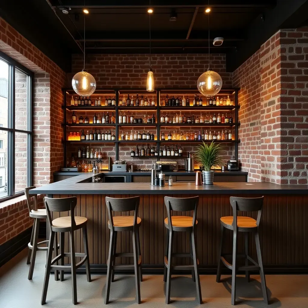 a photo of a modern industrial-style bar with exposed brick and metal accents