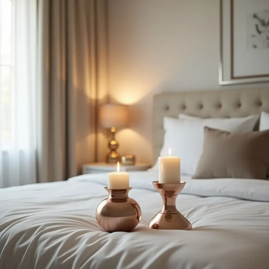 a photo of a serene bedroom featuring metallic candle holders