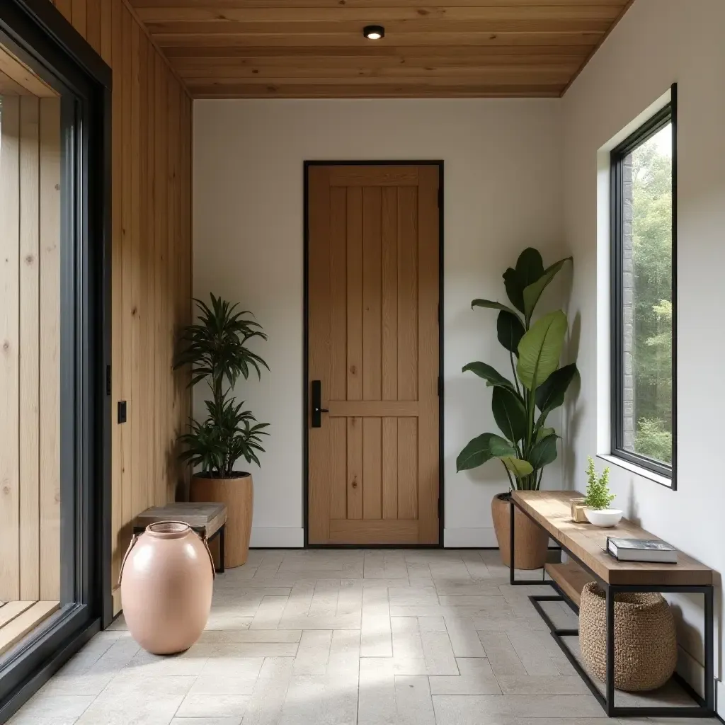 a photo of a stylish entryway featuring a mix of wood and metal elements