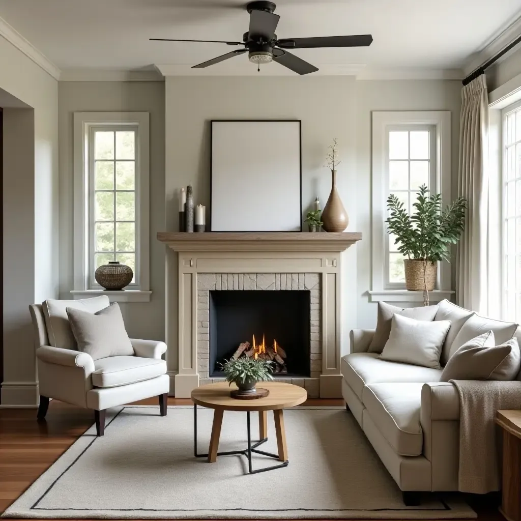 a photo of a country-style living room with a sectional and a farmhouse fireplace