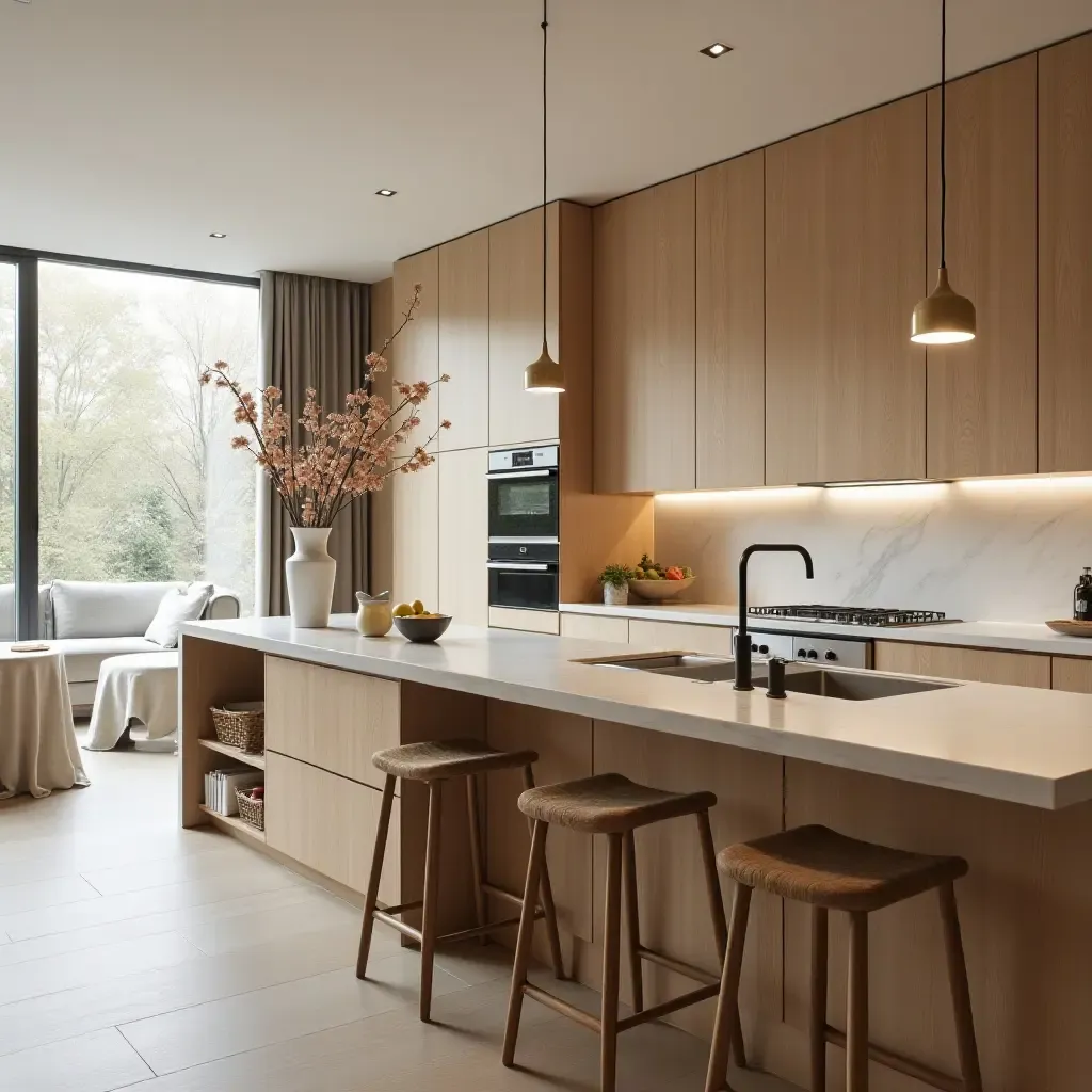 a photo of a kitchen with a wooden breakfast bar