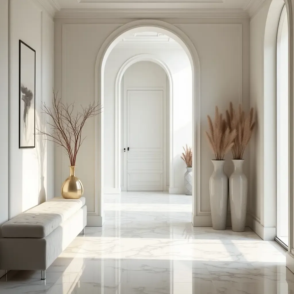 a photo of a bright entrance hall with marble flooring and a statement piece of furniture