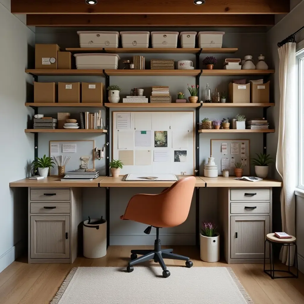 a photo of a basement with a craft corner and organized supplies