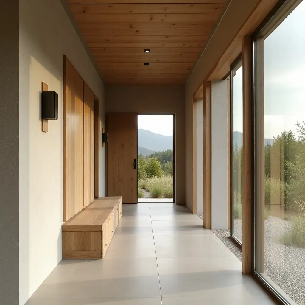 a photo of a minimalist farmhouse corridor with natural materials and textures